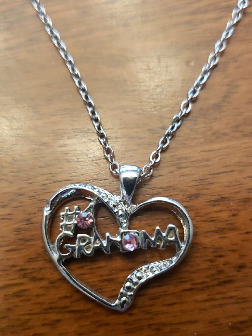 Silver Heart "#1 Grandma" Script Necklace With Pink Rhinstones - 18", Plus 2" - Picture 4 of 8
